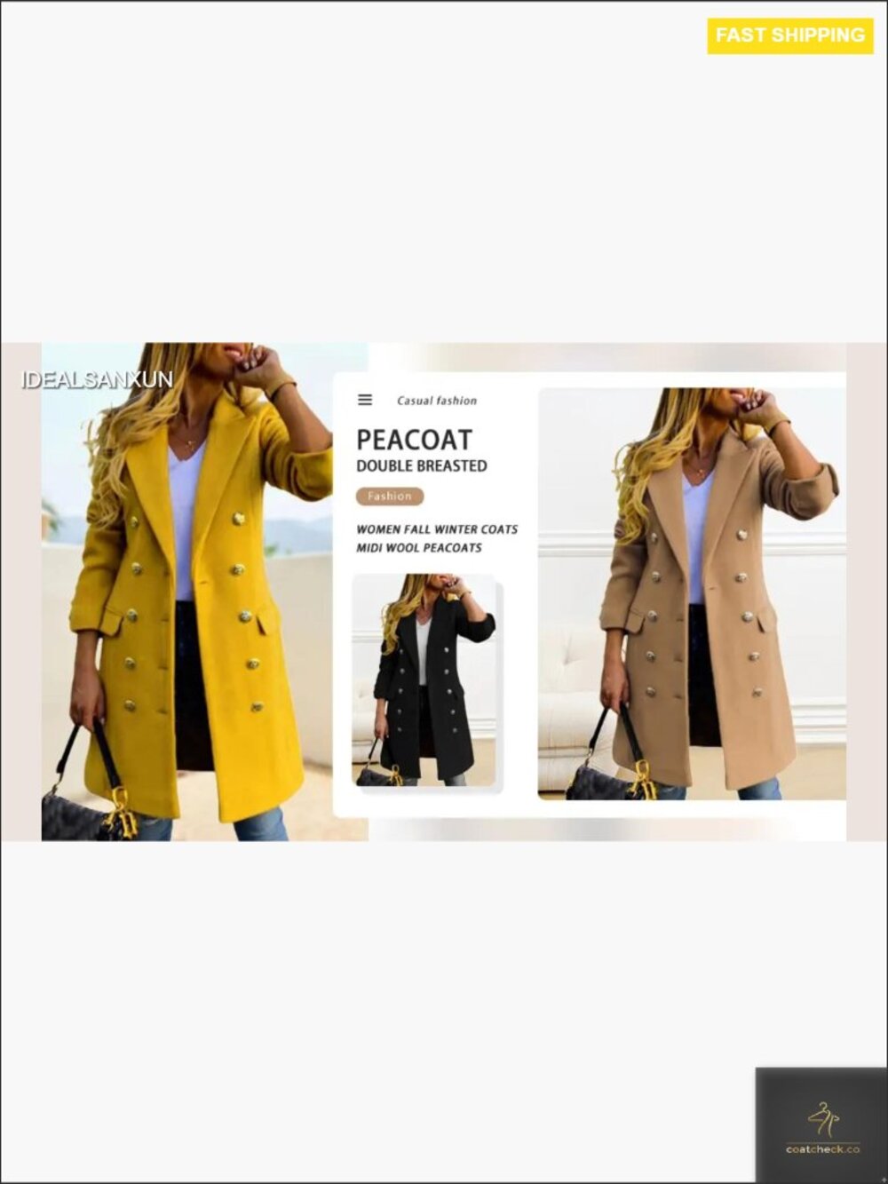 Double Breasted Wool Peacoat Trench Coat Warm Classic Notch Lapel Midi - Picture 7 of 7